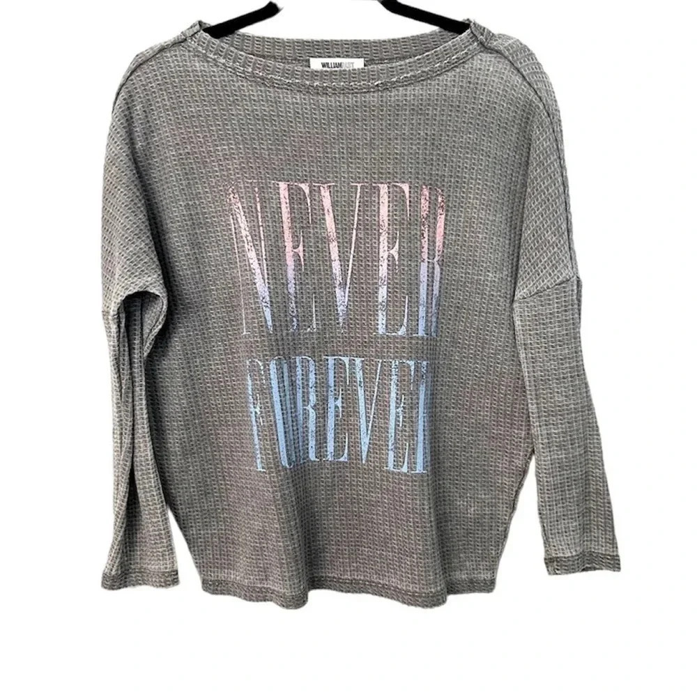 William Rast Gray Waffle Print Long Sleeve Never Forever Oversized Tee Sz XS